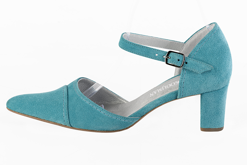 Aquamarine blue women's open side shoes, with an instep strap. Tapered toe. Medium block heels. Profile view - Florence KOOIJMAN